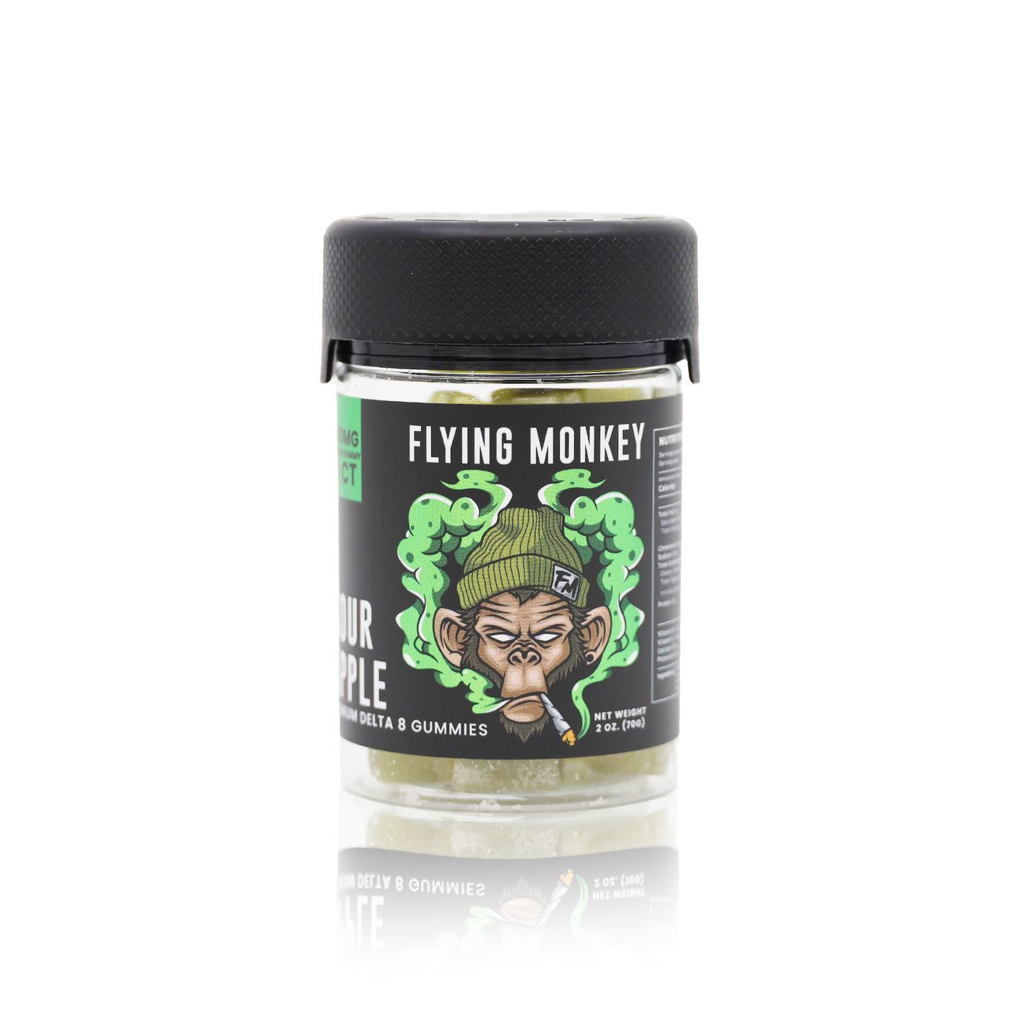 Flying Monkey Delta 8 THC 50mg gummy jar in Sour Apple flavor