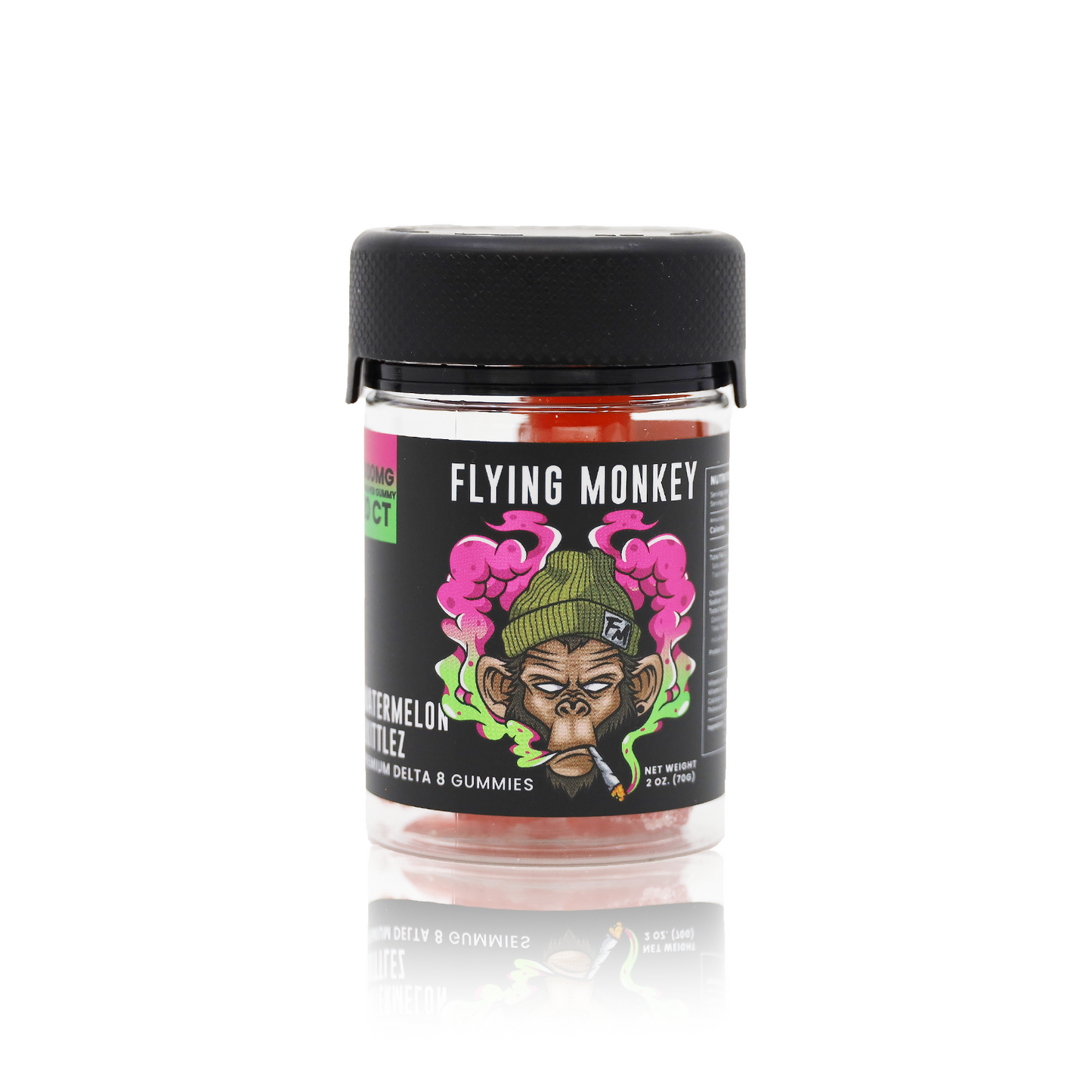 Flying Monkey Delta 8 THC 50mg gummy jar in Watermelon Zkittlez flavor