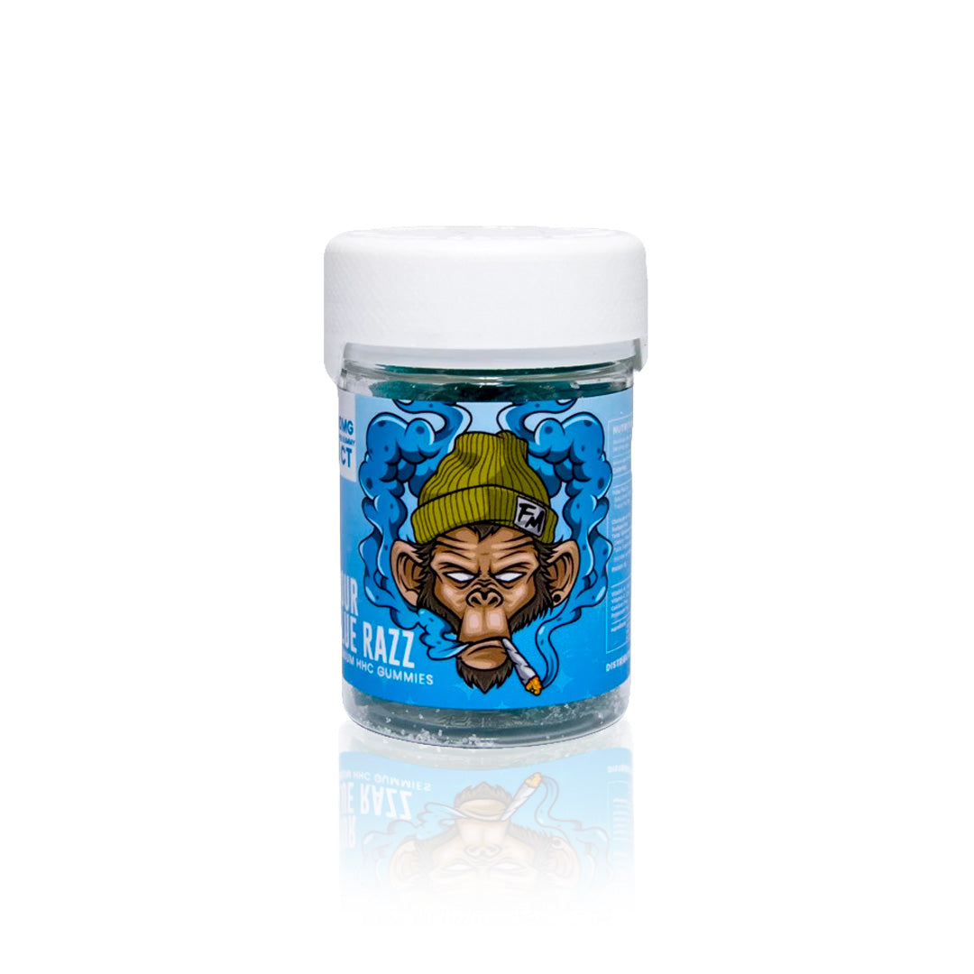 Flying Monkey HHC 50mg gummy jar in Sour Blue Razz flavor