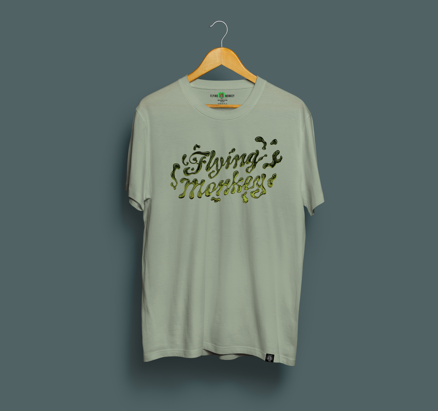 Flying Monkey liquid letters tee green
