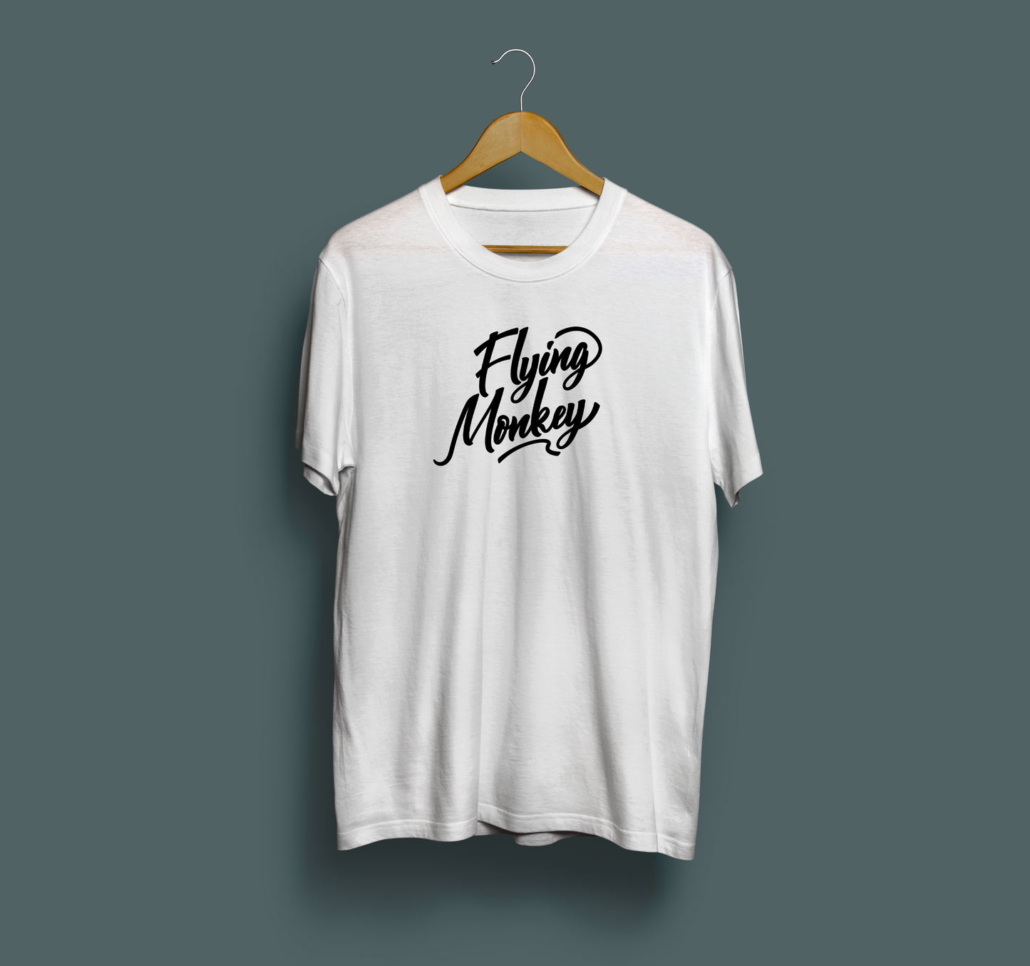 Flying Monkey script letters tee white