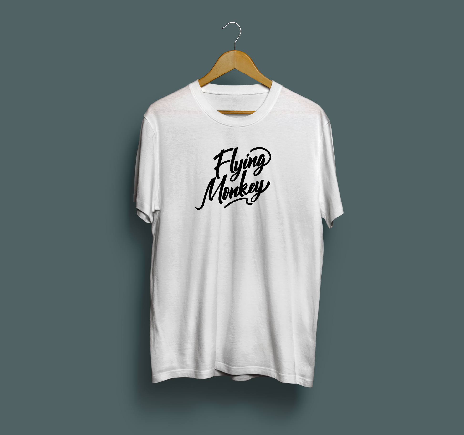 Flying Monkey script letters tee white