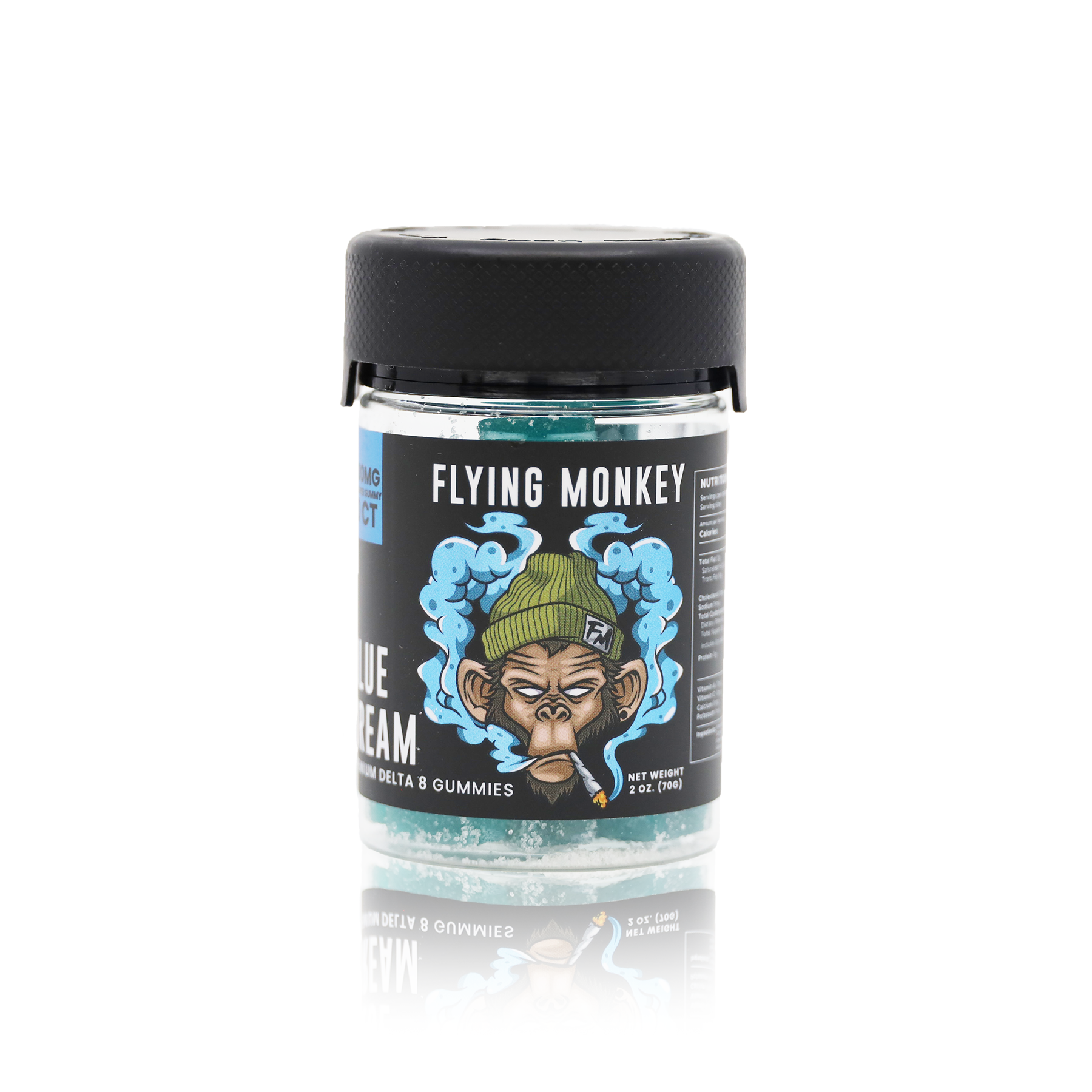 Flying Monkey Delta 8 THC 50mg gummy jar in Blue Dream flavor