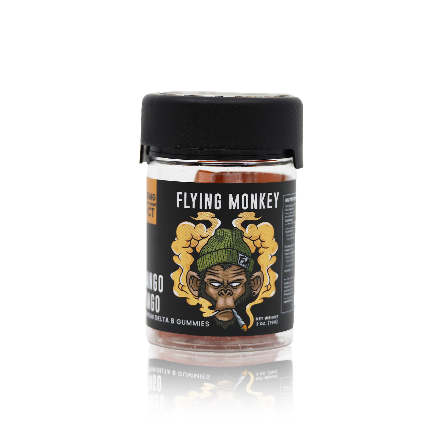 Flying Monkey Delta 8 THC 50mg gummy jar in Mango Tango flavor