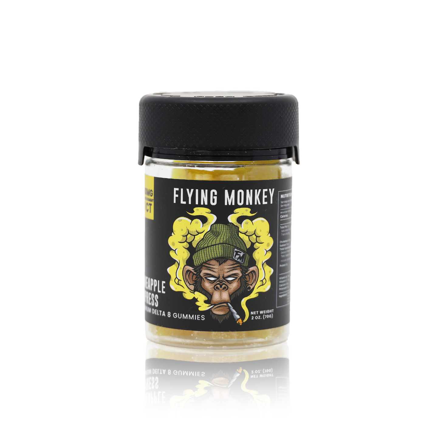 Flying Monkey Delta 8 THC 50mg gummy jar in Pineapple Express flavor