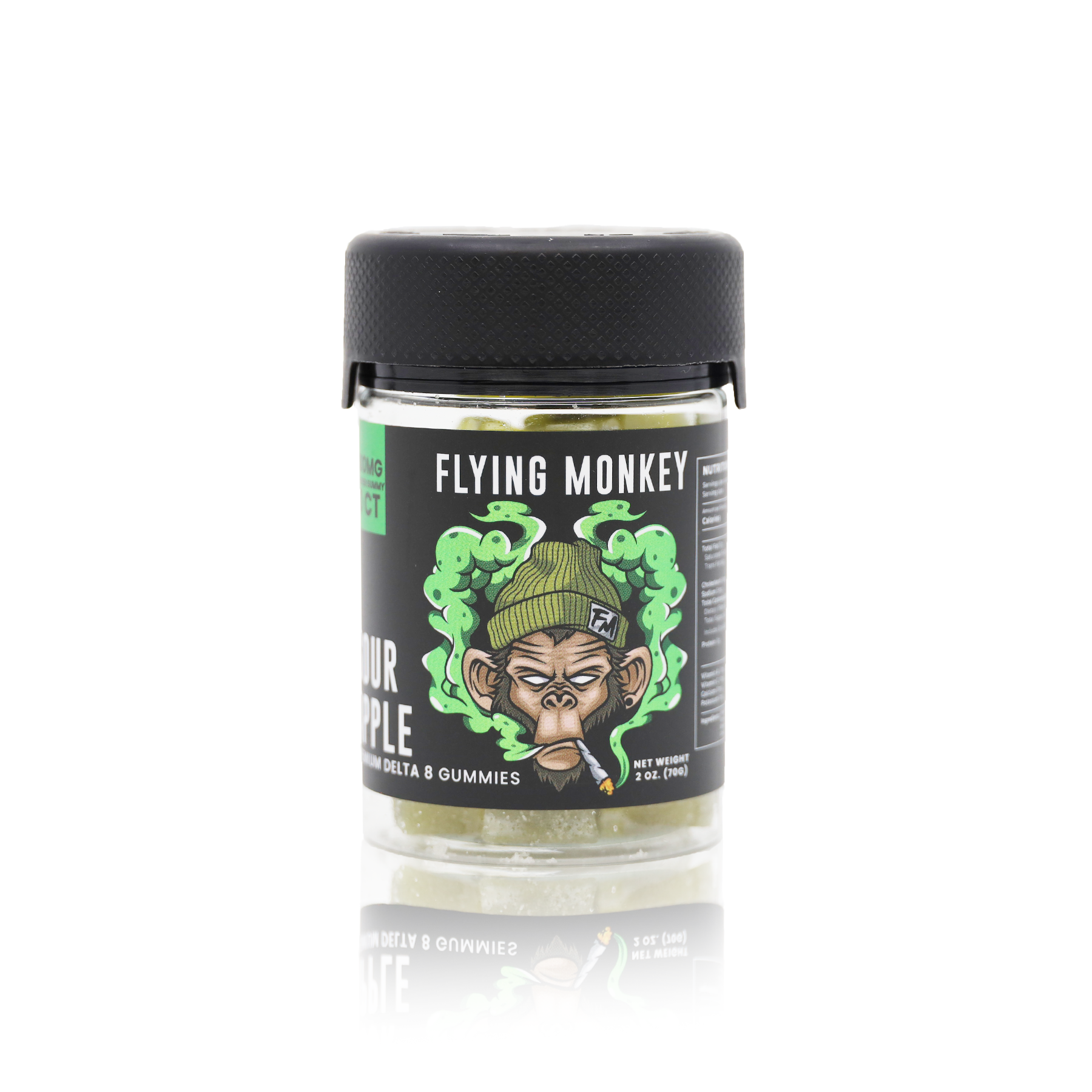 Flying Monkey Delta 8 THC 50mg gummy jar in Sour Apple flavor