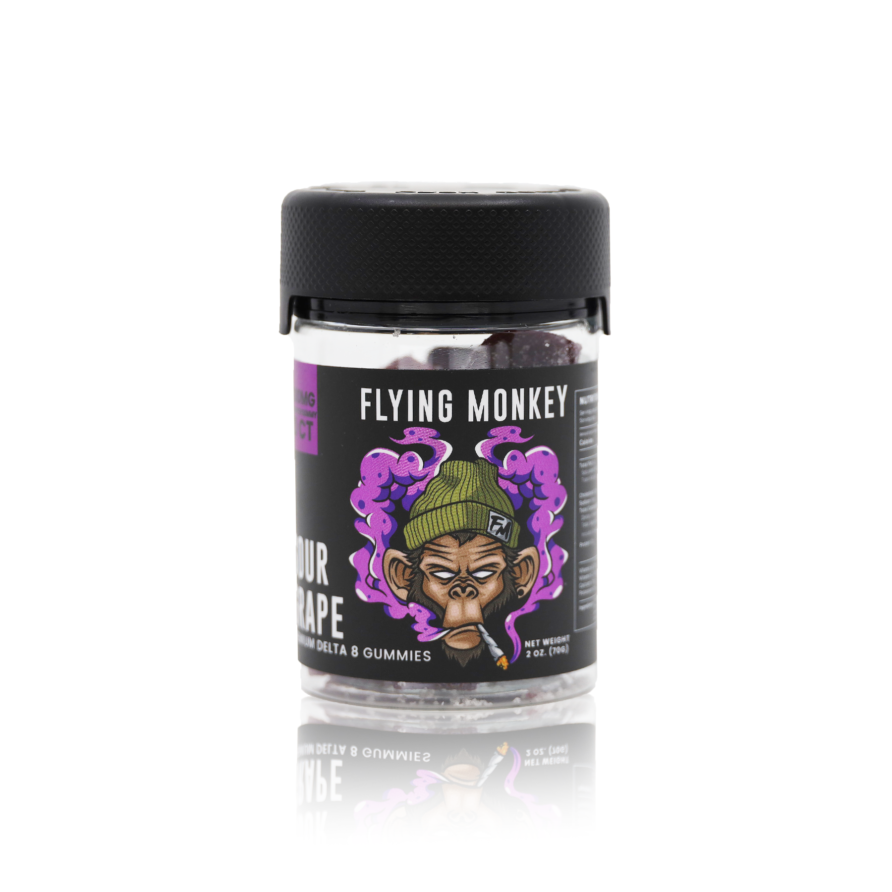 Flying Monkey Delta 8 THC 50mg gummy jar in Sour Grape flavor