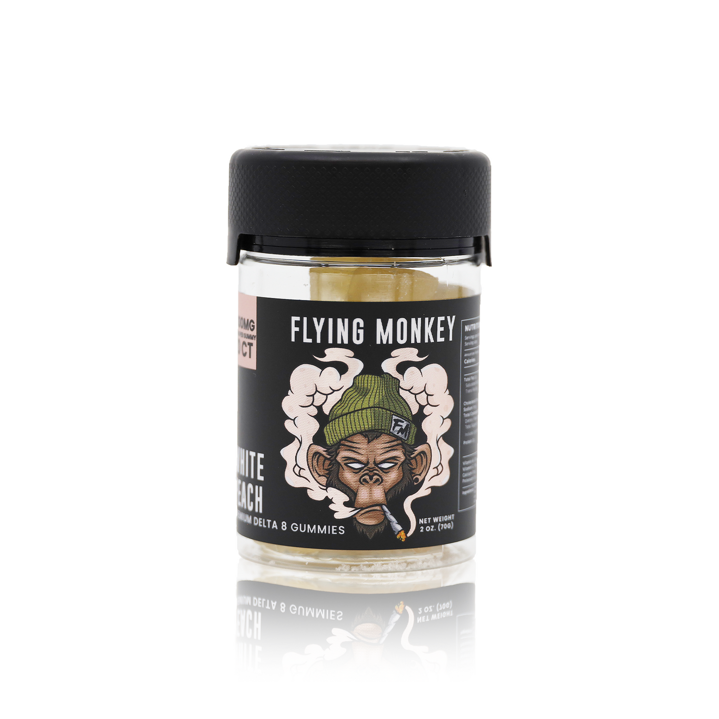 Flying Monkey Delta 8 THC 50mg gummy jar in White Peach flavor