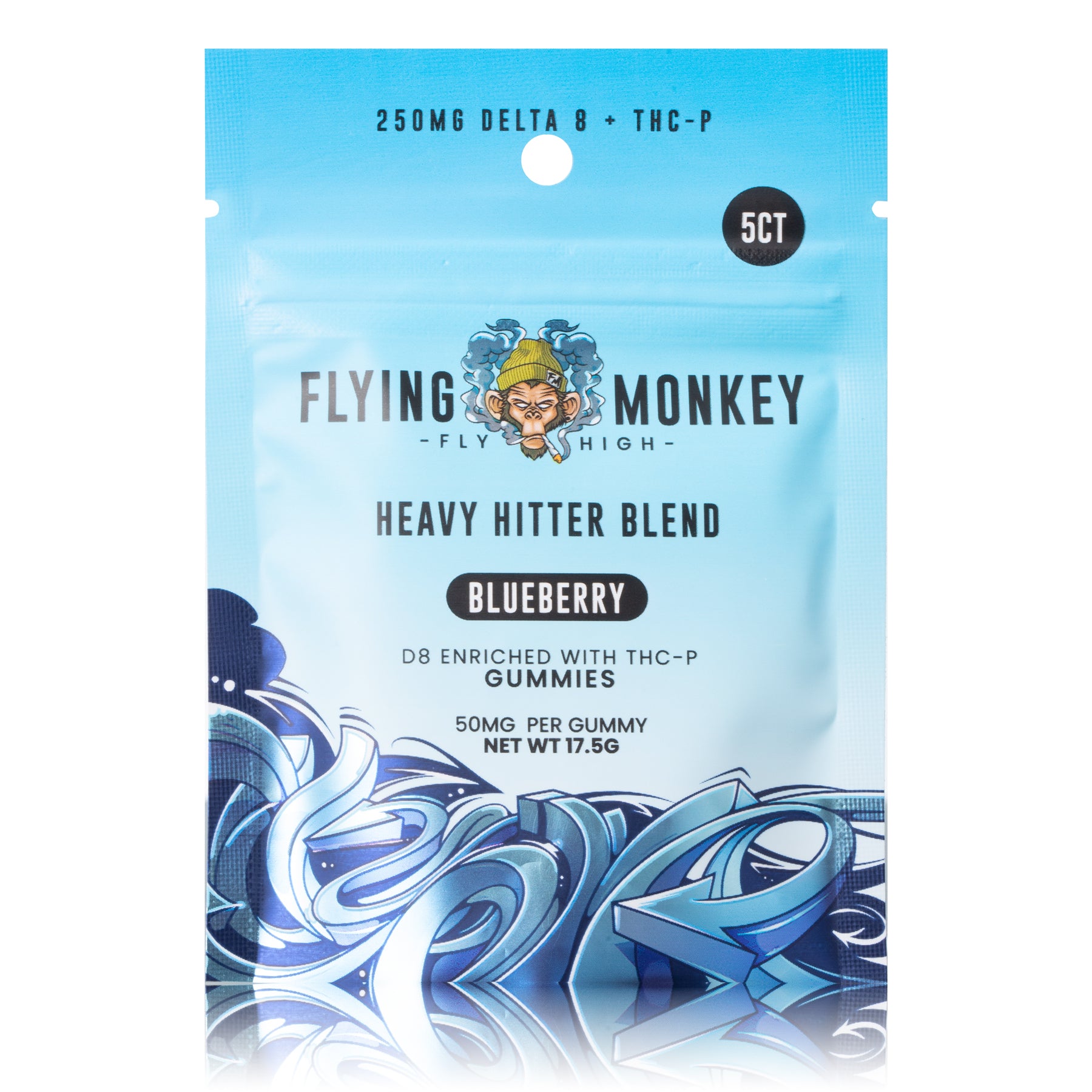 Flying Monkey Heavy Hitter 50mg gummy bag in Blueberry flavor