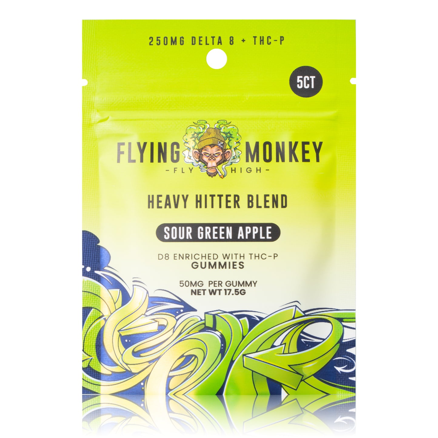 Flying Monkey Heavy Hitter 50mg gummy bag in Sour Apple flavor