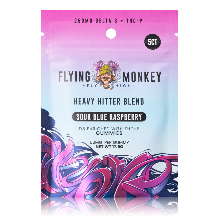 Flying Monkey Heavy Hitter 50mg gummy bag in Sour Blue Raspberry flavor