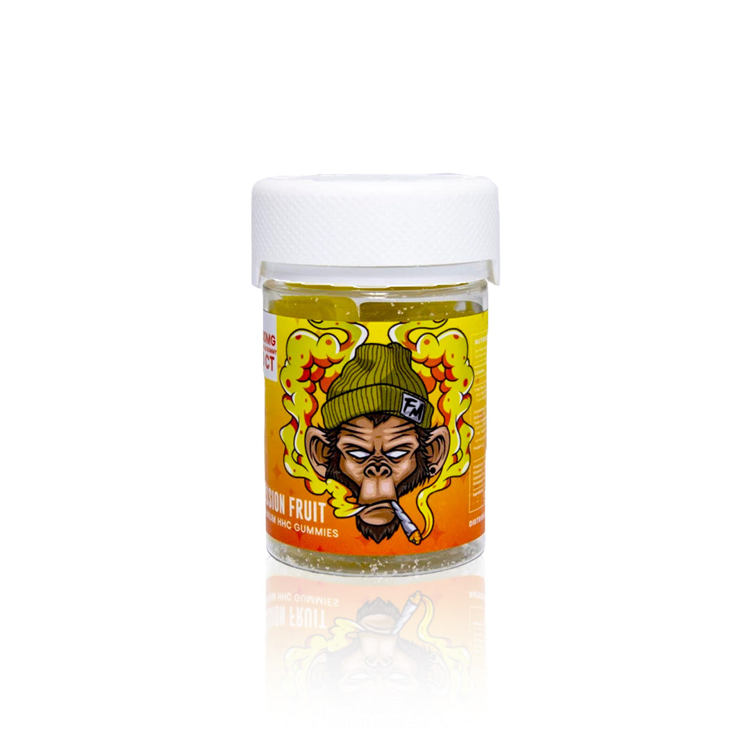 Flying Monkey HHC 50mg gummy jar in Passion Fruit flavor
