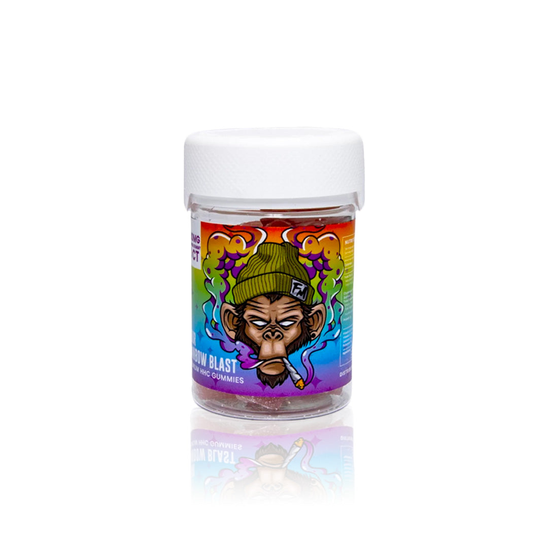 Flying Monkey HHC 50mg gummy jar in Rainbow Blast flavor