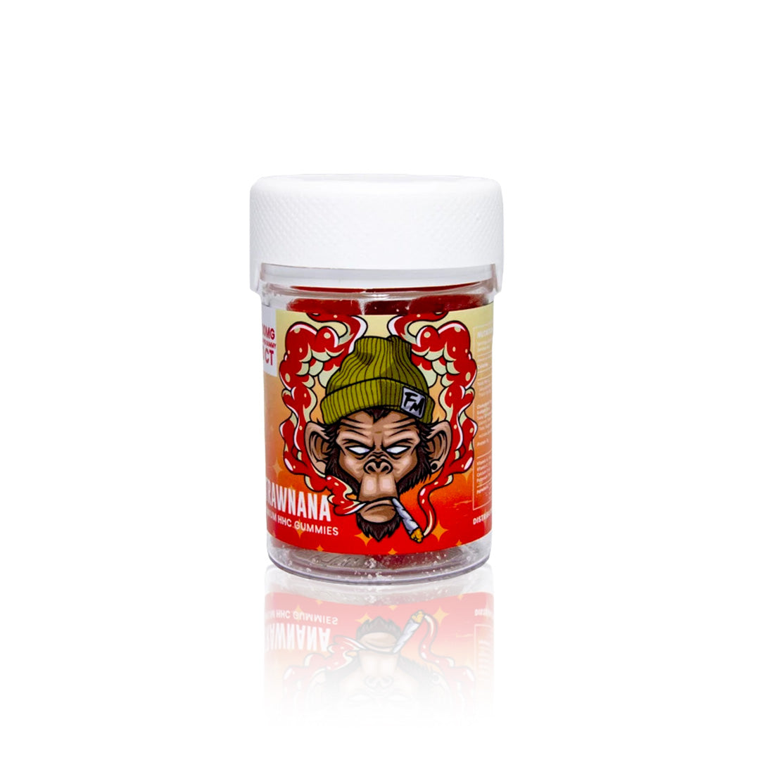 Flying Monkey HHC 50mg gummy jar in Strawnana flavor