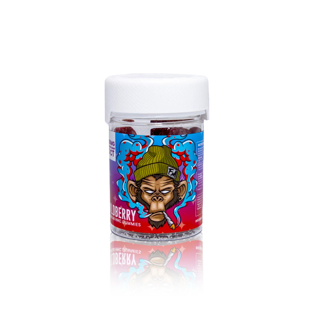 Flying Monkey HHC 50mg gummy jar in Wild Berry flavor
