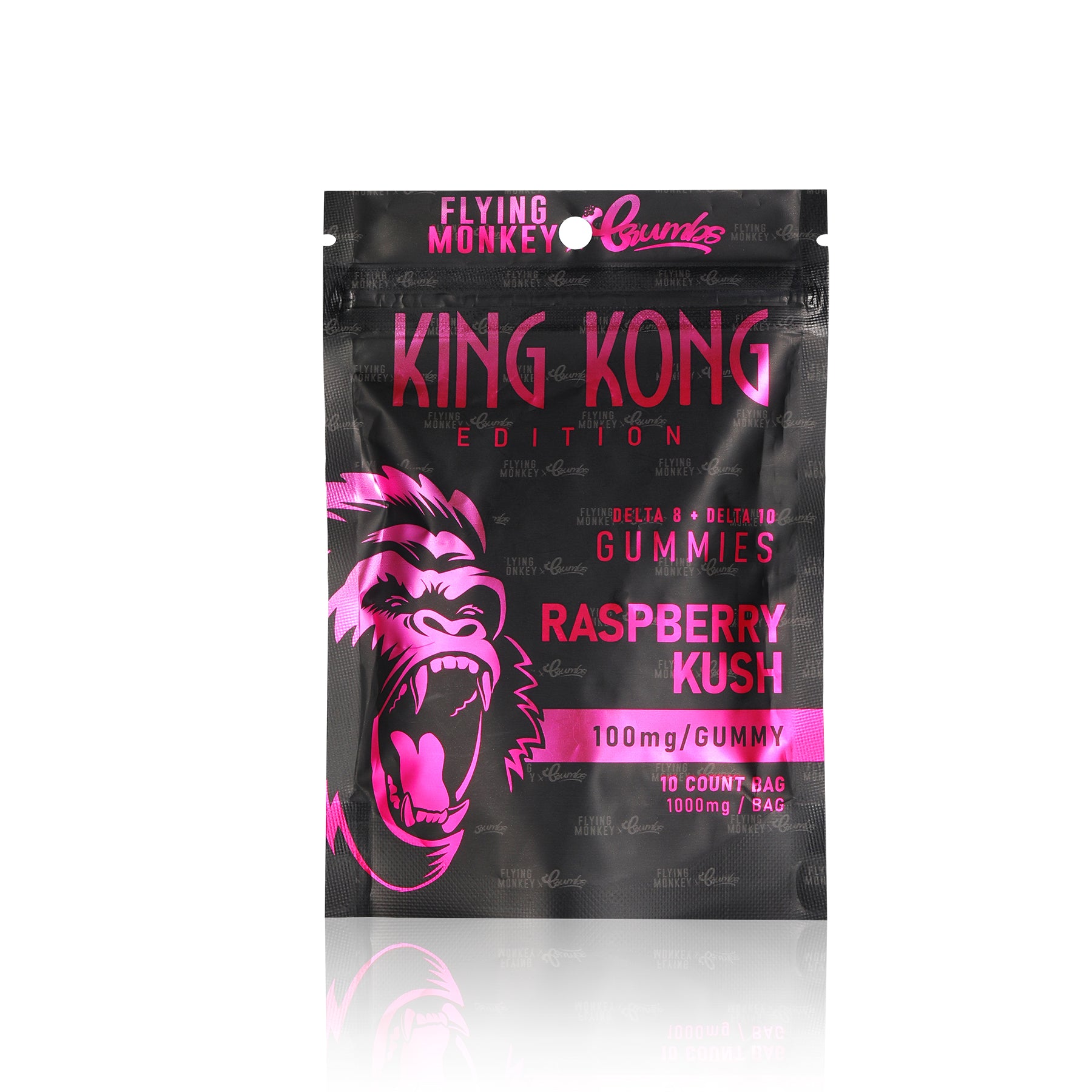Flying Monkey King Kong 100mg gummy bag in Raspberry Kush flavor