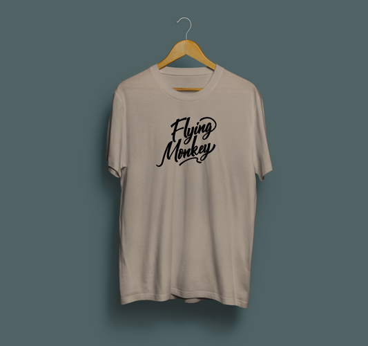 Flying Monkey script letters tee brown